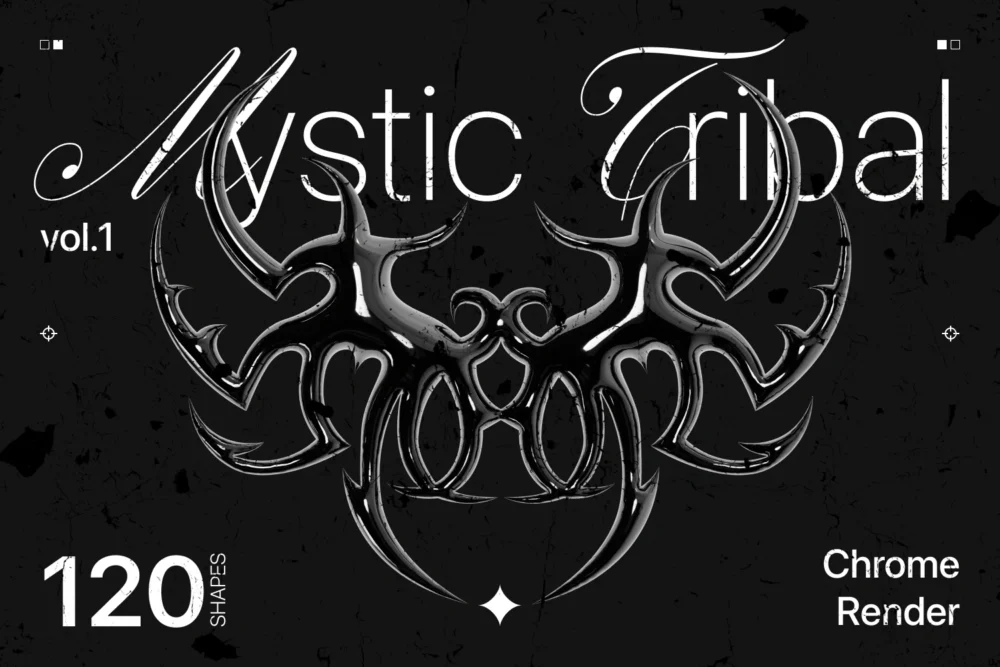High-quality 3D-rendered chrome tribal design pack featuring 120 unique elements with a futuristic and edgy aesthetic