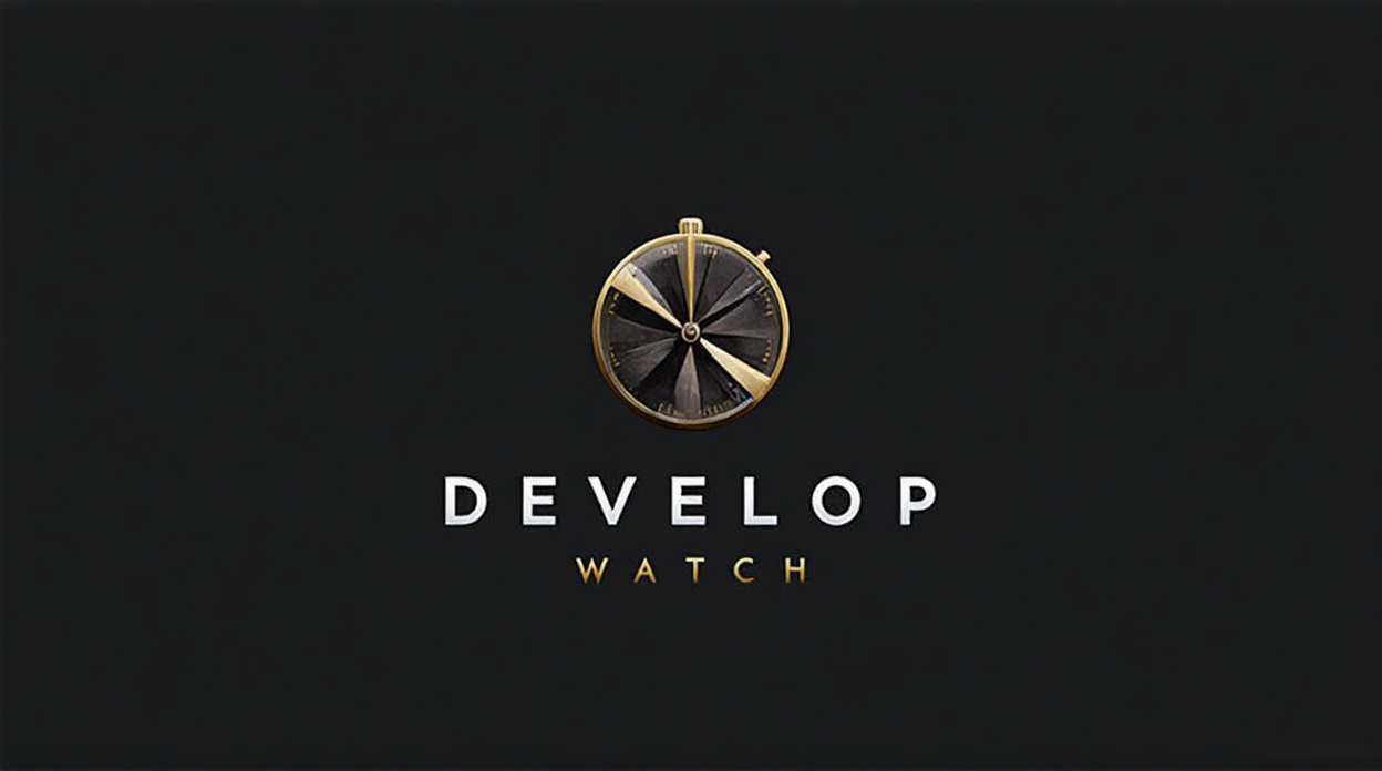 Develop watch logo featuring metallic icon and sleek serif font.