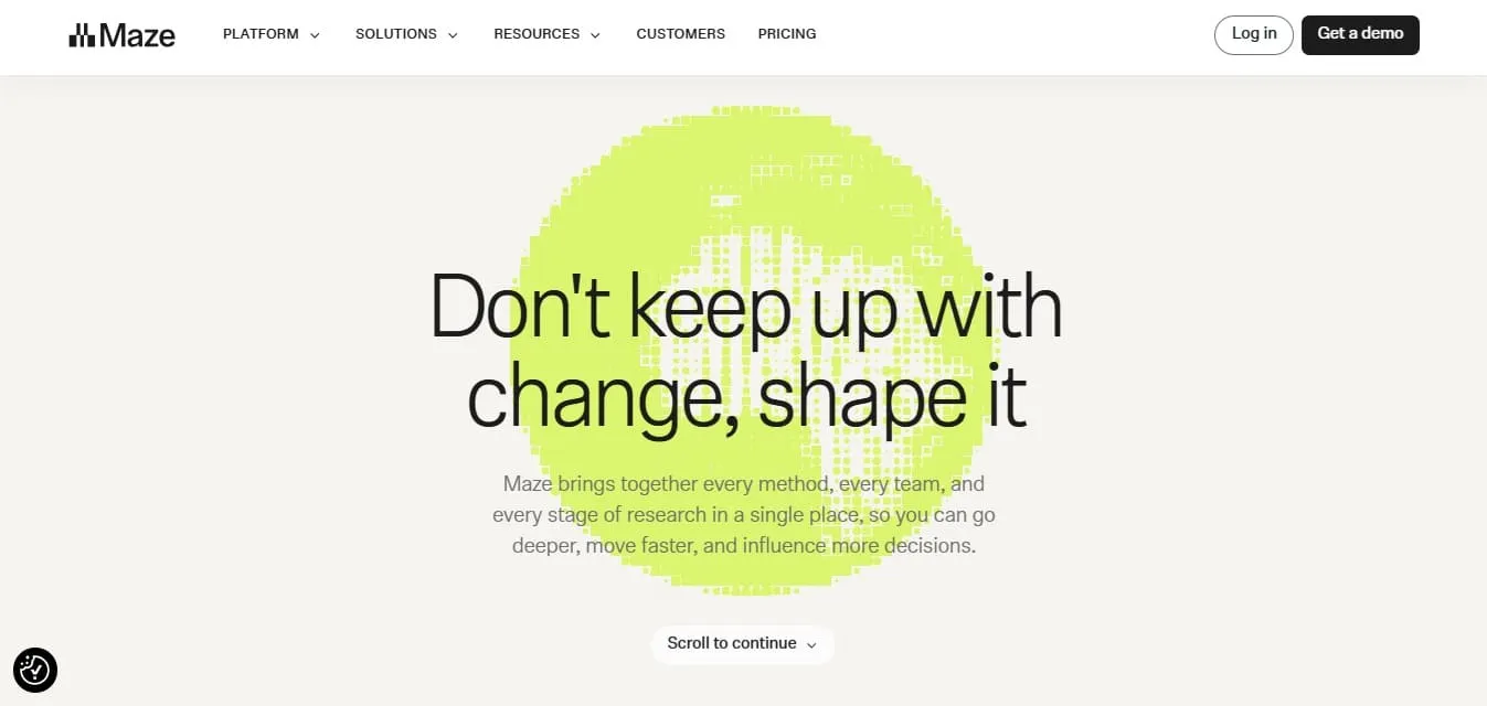 Maze website hero section with a lime green 3D sphere on a light gray background