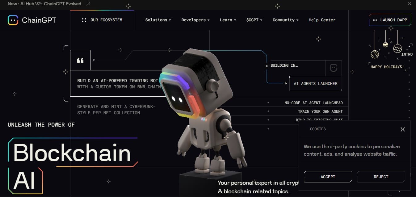 Dark-themed 3D web design for ChainGPT with a white robot mascot
