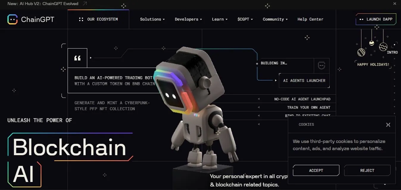 Dark-themed 3D web design for ChainGPT with a white robot mascot