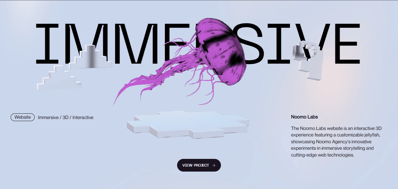 Noomo Labs 3D web design featuring a floating purple jellyfish and bold background text