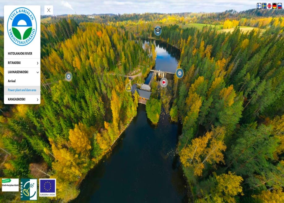 A screenshot of a 360-degree virtual reality experience of the Hiitolanjoki River.