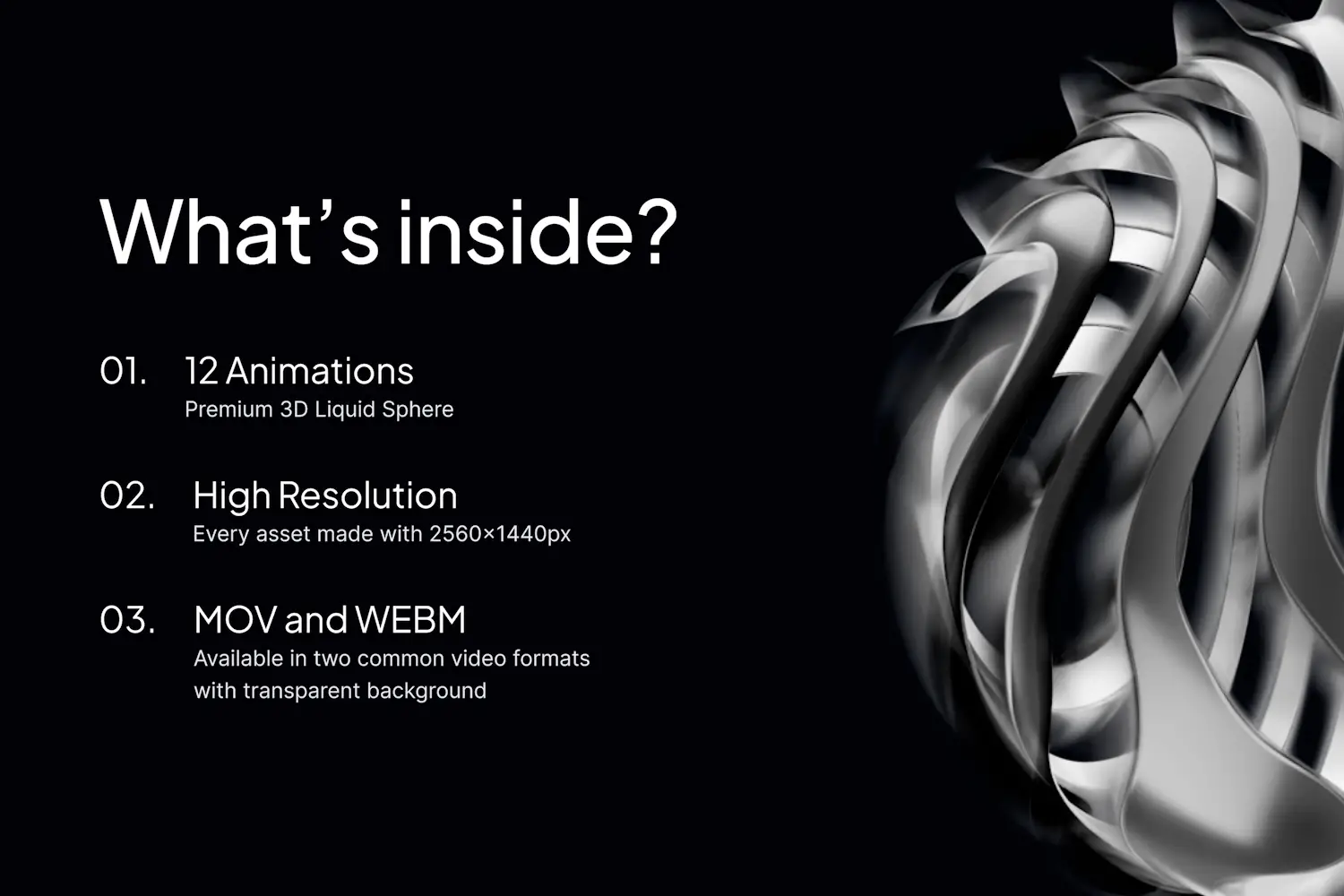 Overview of liquid sphere 3D animation pack showing features, formats, and resolution details