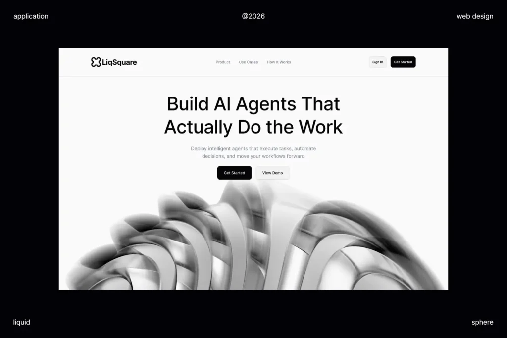 Liquid sphere 3D animation applied in AI web interface hero section for modern product design