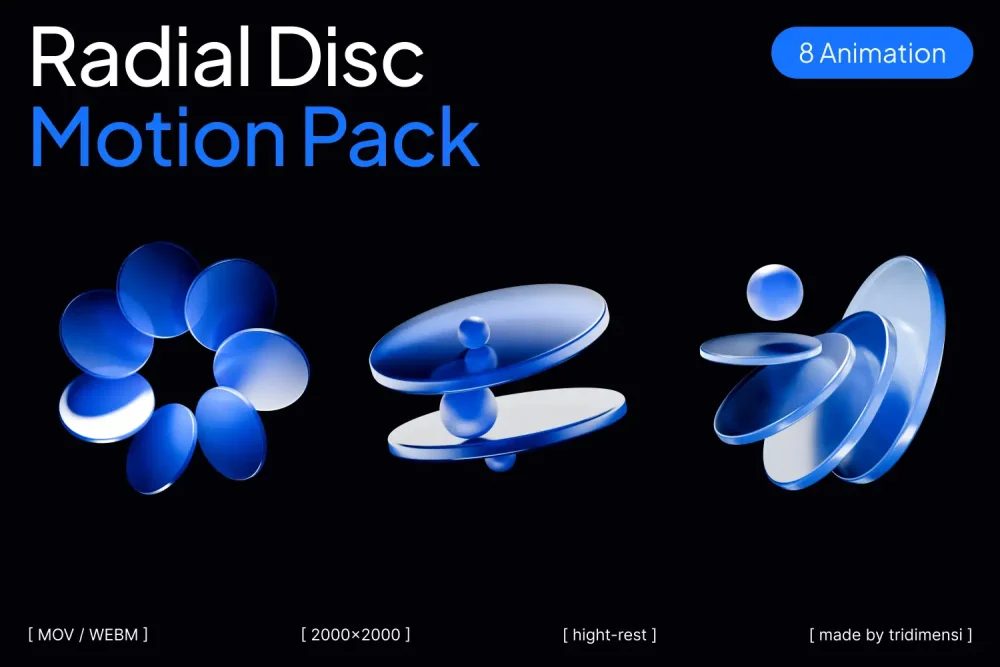 Abstract radial disc 3D animation pack preview with blue glass circular shapes on dark background