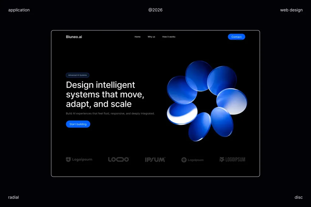 Modern website hero section using radial disc 3D animation for AI and SaaS interface design