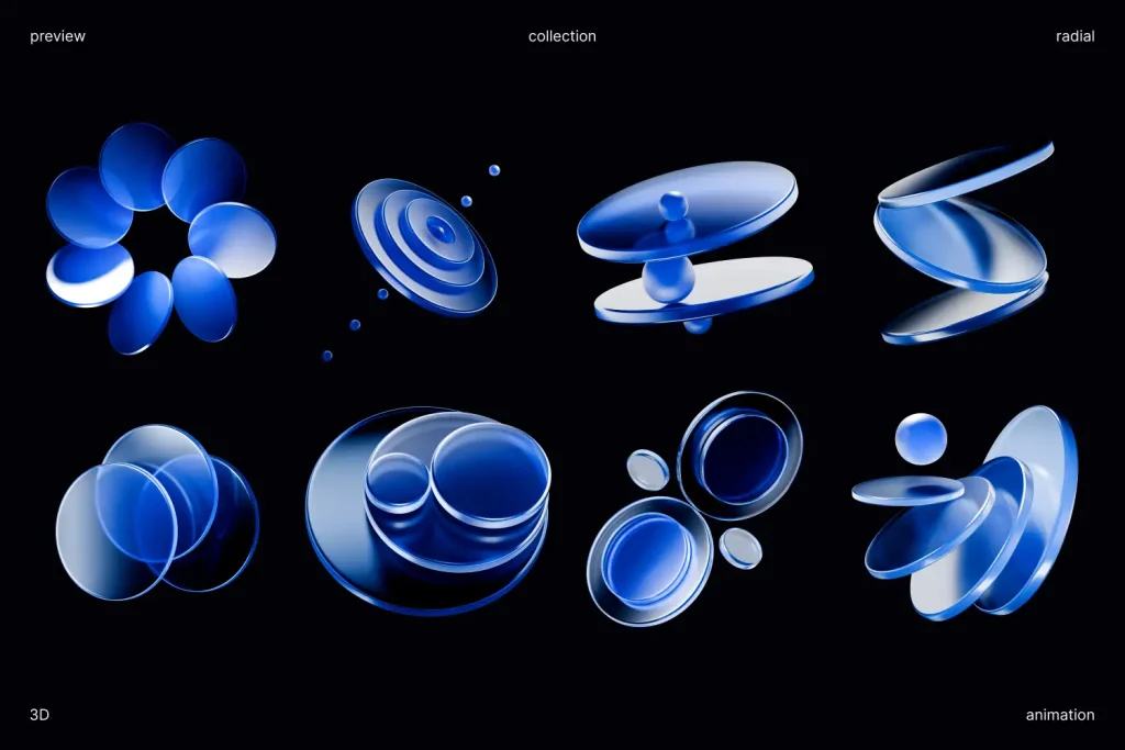 Collection of radial disc 3D elements showing multiple variations of circular motion and disc structures