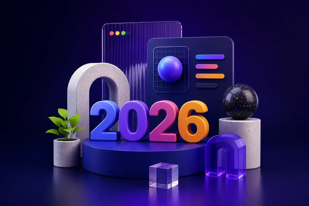 Futuristic 3D “2026” text surrounded by abstract geometric objects on dark background