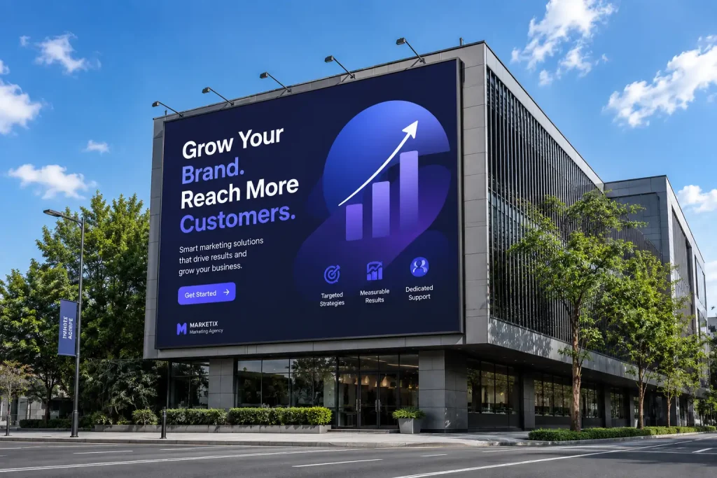 Modern office building with large marketing billboard display in front