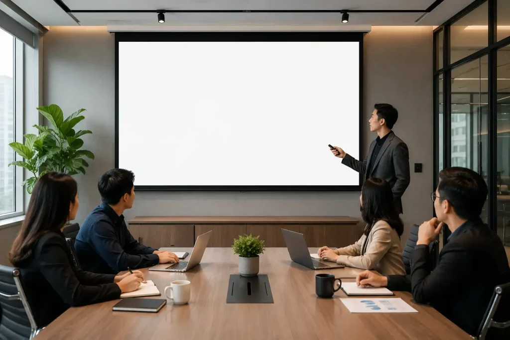 Business team meeting with blank presentation screen in modern office conference room