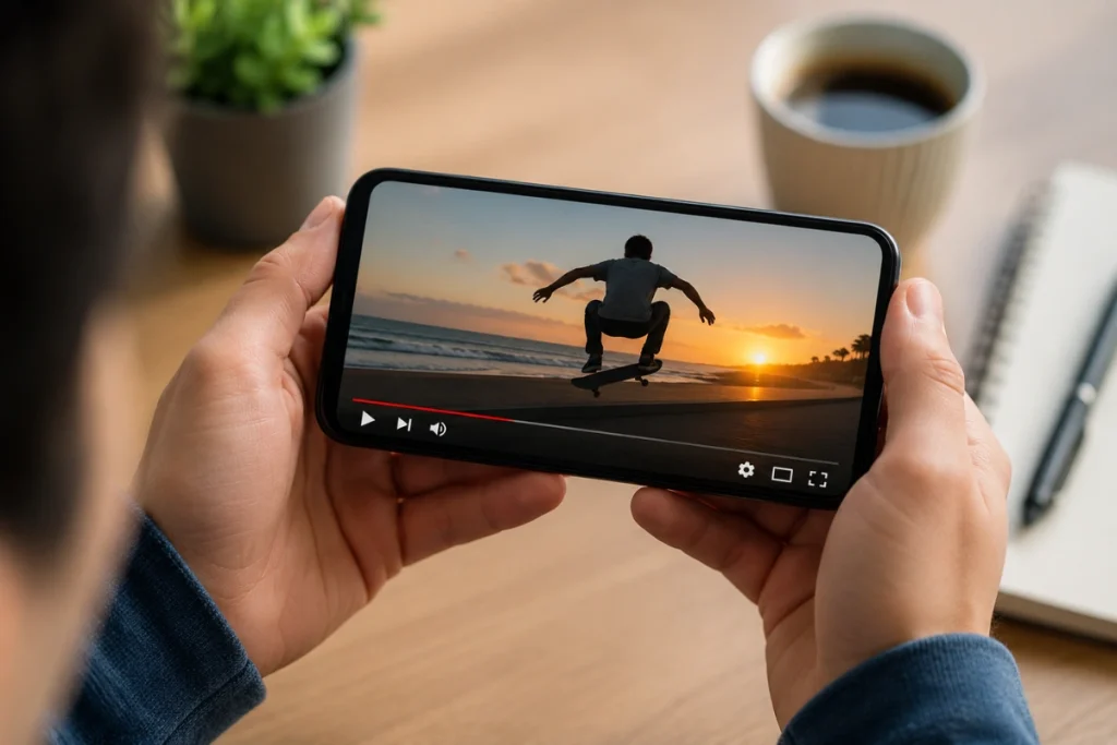 Person watching a video on a smartphone in a casual workspace setting