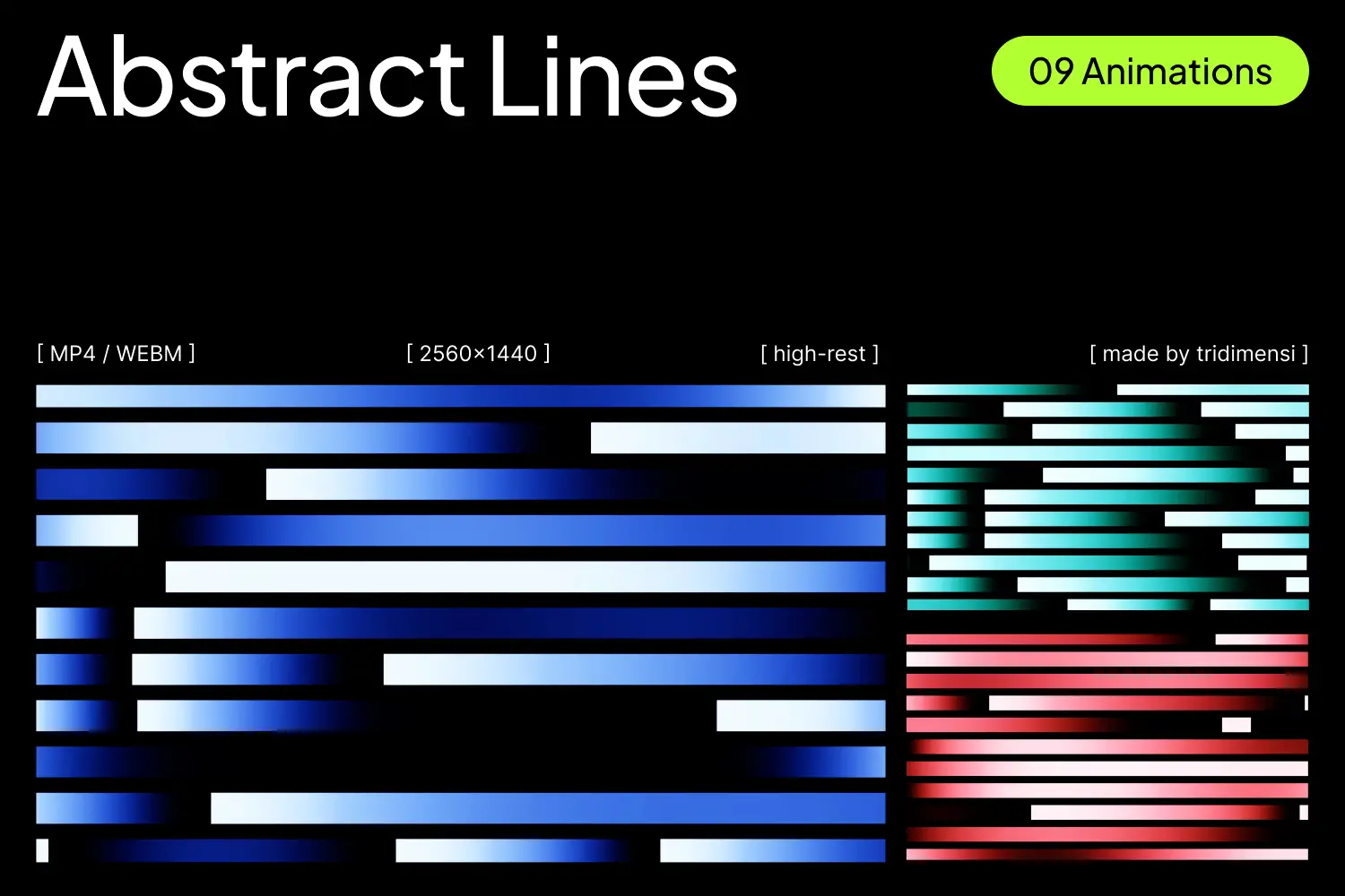 Abstract Lines Animation pack featuring 9 colorful gradient motion backgrounds in MP4 and WEBM formats