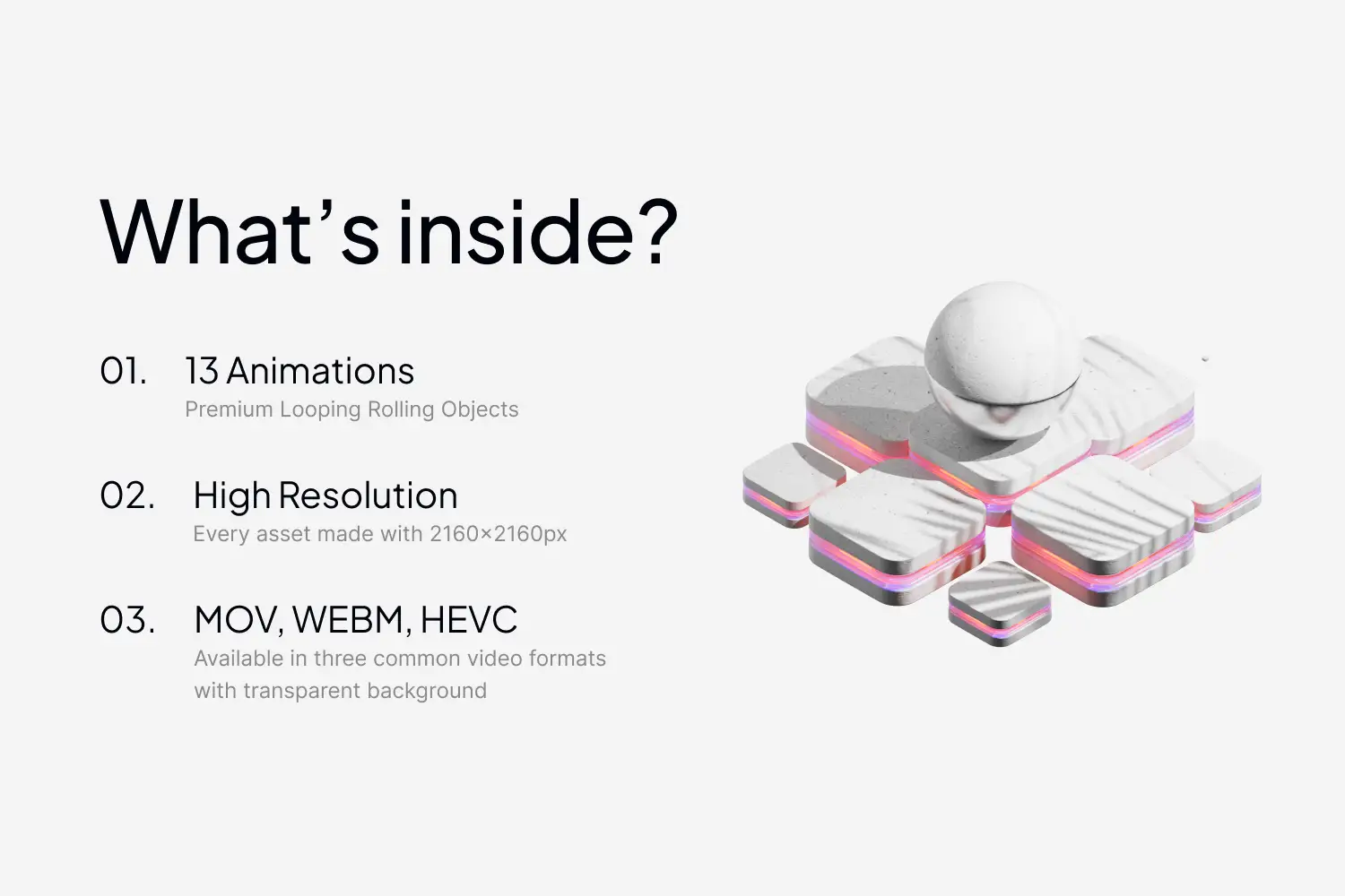 Product preview showing 13 looping 3D rolling object animations in MOV WEBM and HEVC formats