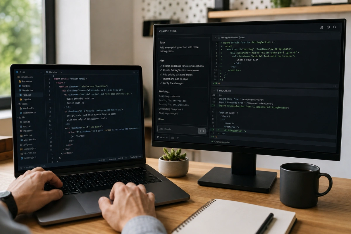 Claude AI vs Cursor Desc: two devices running the code application
